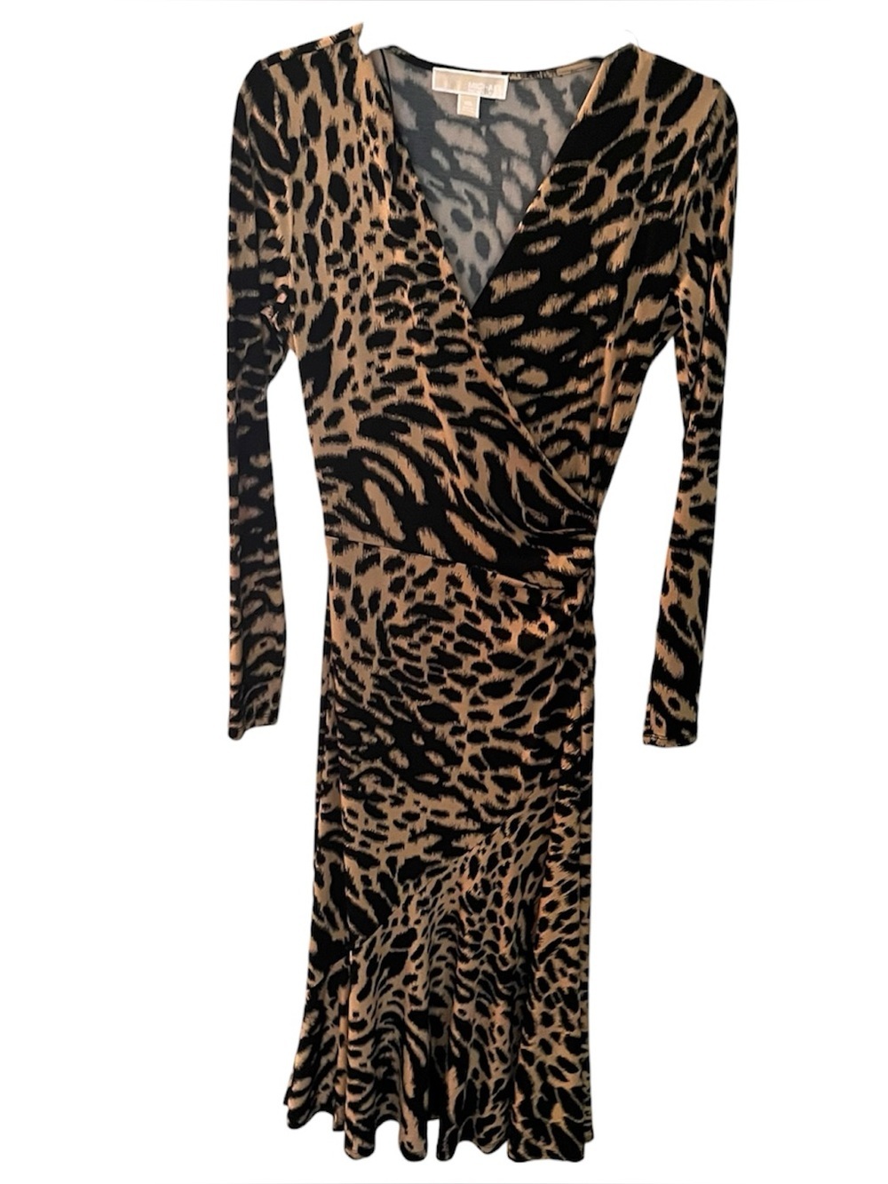 Michael Kors Animal Print Wrap-Style Long Sleeve Dress - Black & Tan
